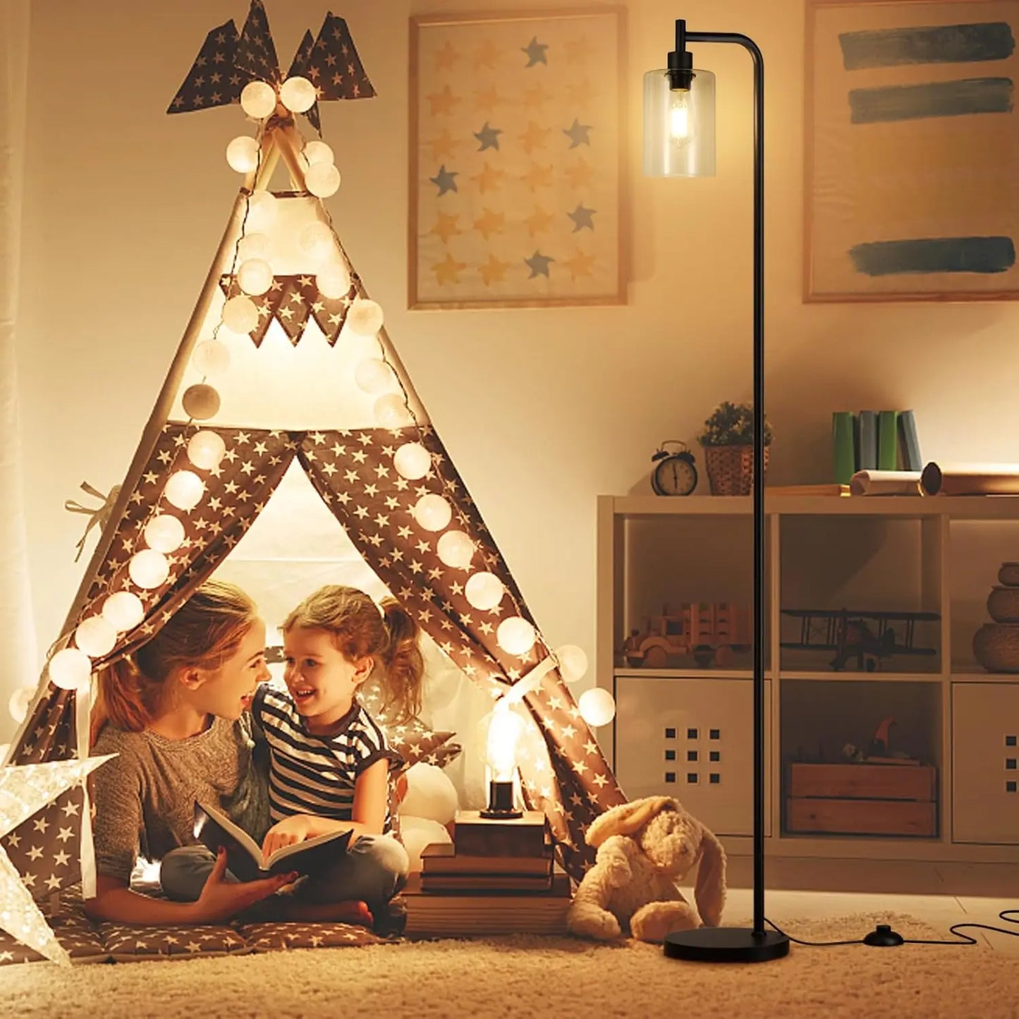 Industrial Floor Lamp with Glass Shade, LED Bulb, Foot Pedal Switch for Living Room, Easy Assembly