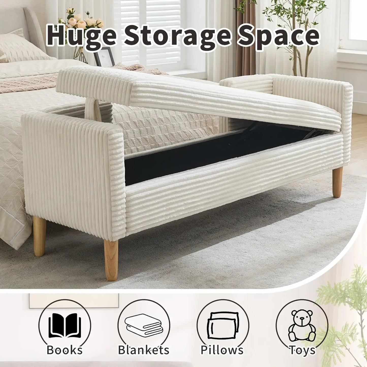 65.35" W Ottoman with Storage Bench for Bedroom End of Bed with Removable Pillows Upholstered Storage Ottoman Bench, Customized