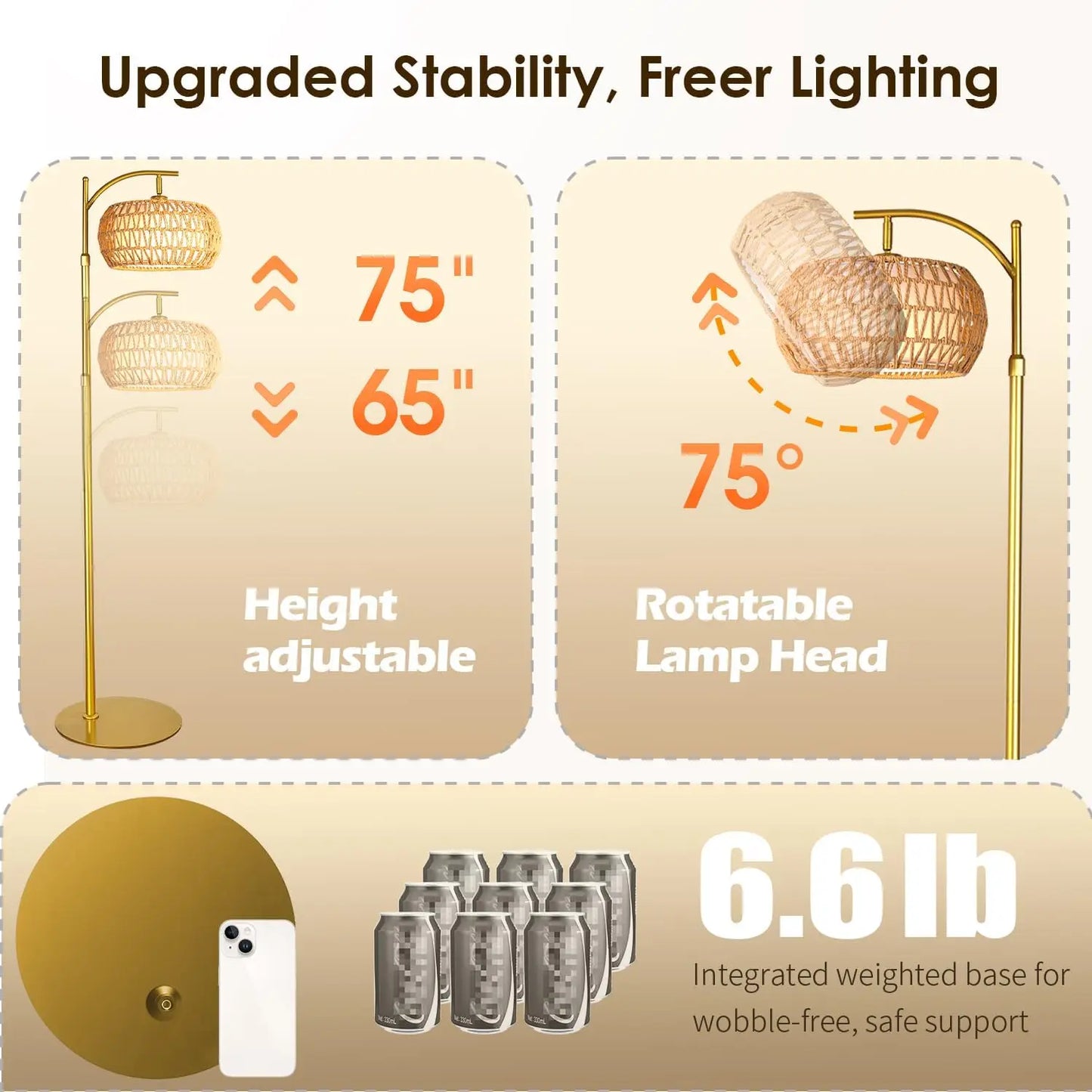 Dimmable Boho Rattan Floor Lamp, 2700K-6000K, 2-in-1 Shade, Adjustable 165-172cm