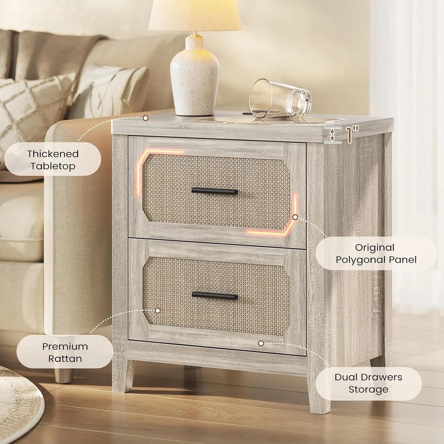 2 Pack 22in Rattan Nightstands Charging Station 2 Storage Drawers Metal Handle Bedroom Bedside Table, Customized