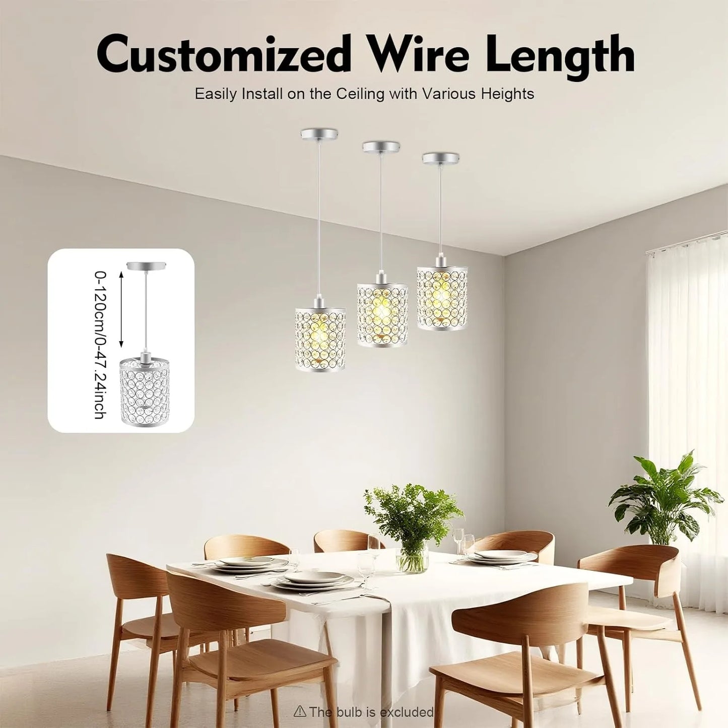 3-Pack Modern Crystal Pendant Lights 110-120V 40W Adjustable Height Kitchen Island Lighting with Crystal Shades Ceiling Lights S