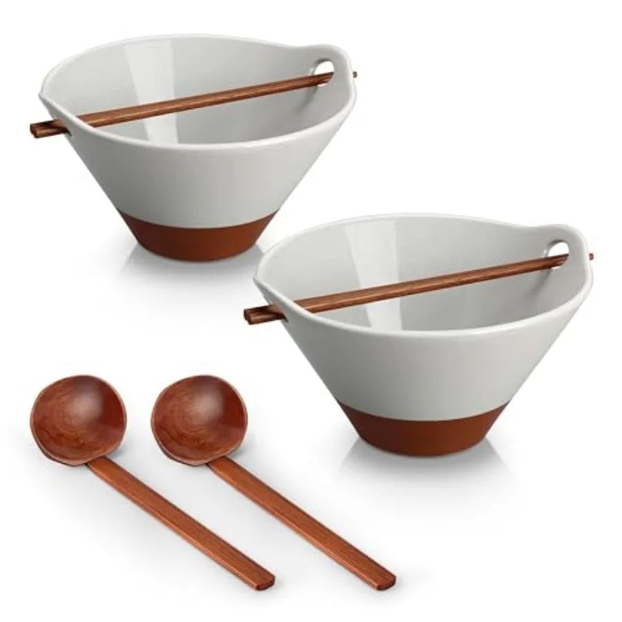 42 oz Ceramic Ramen Bowl Set with Wooden Spoon and Chopsticks Japanese Style Soup Bowls for Ramen Pho Noodles Set of 2 Microwav