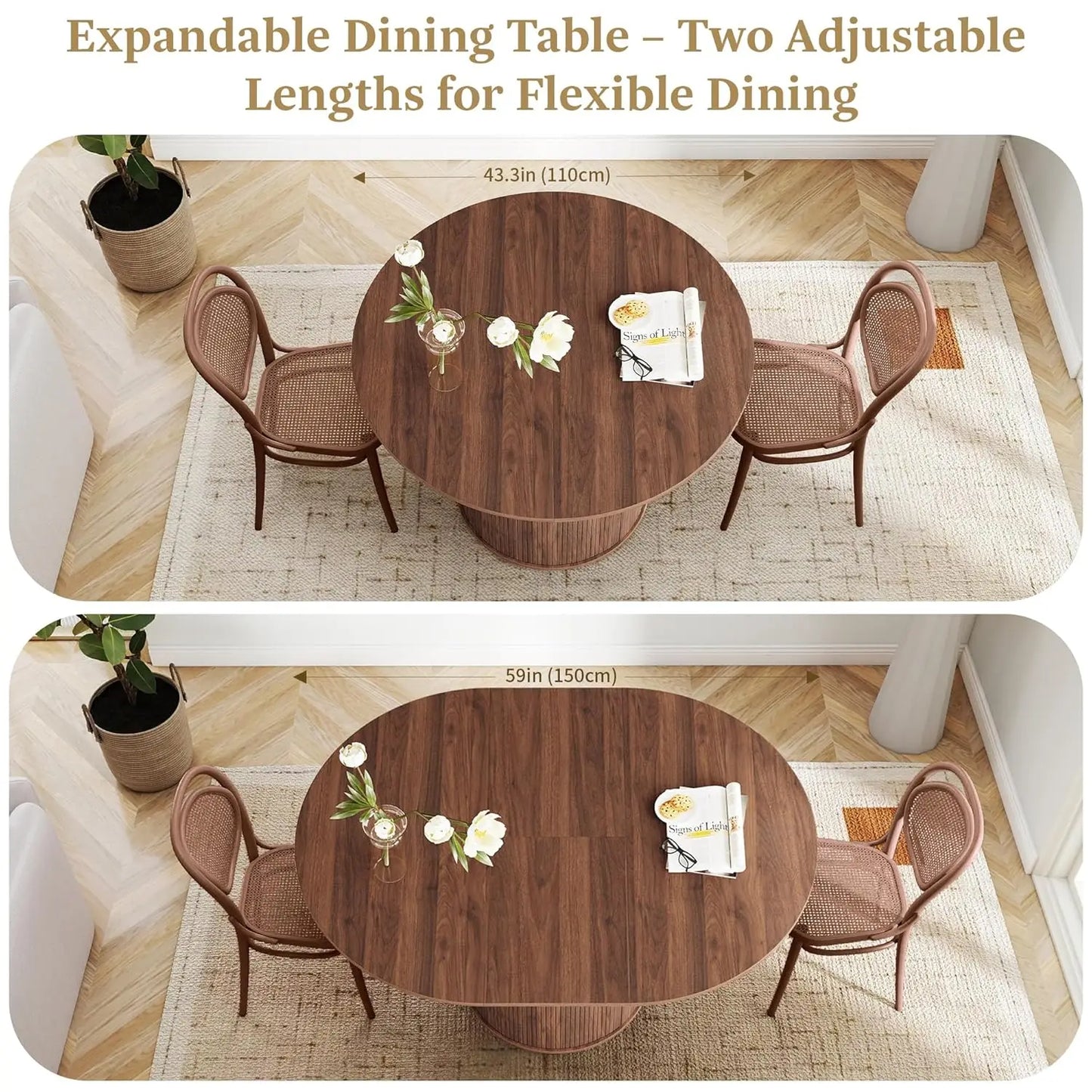 43"-59" Extendable Round to Oval Dining Table with Hidden Storage, Modern Wooden Kitchen Table with Fluted Sliding Door, Custom