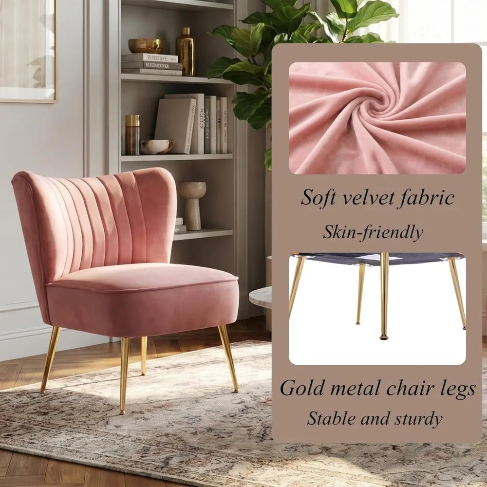 Velvet Accent Chairs Set of 2 Armless Slipper Chair with Golden Legs Mid Century Side Single Sofa for Living Room Bedroom Pink