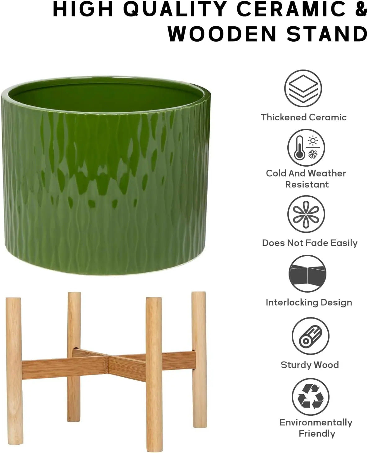 10 Inch Ceramic Plant Pot with Wood Stand, Modern Round Flower Planter Indoor Outdoor, Dark Green Water Ripple Pattern