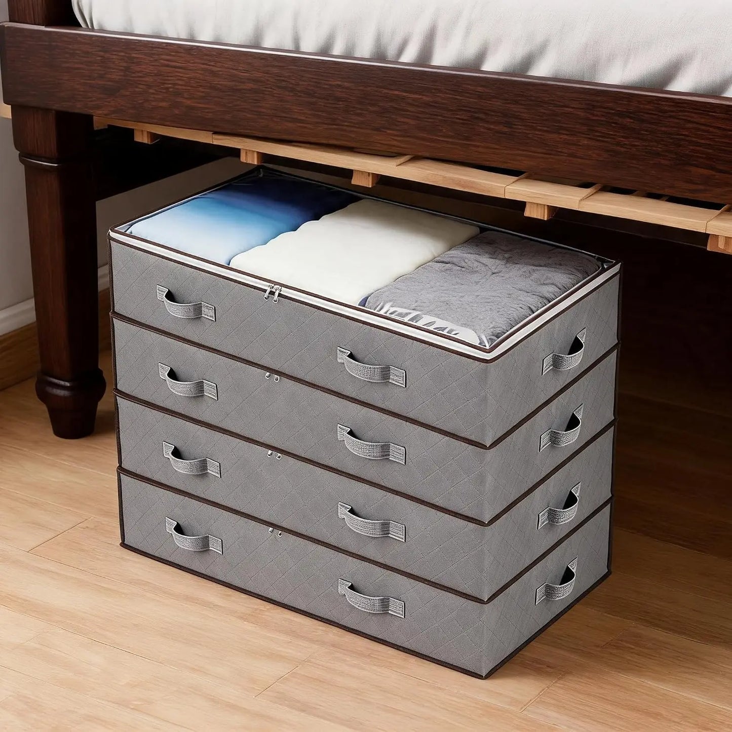 90L Under Bed Storage Containers 4 6 Pack, Foldable Underbed Storage Bags with Clear Window & Reinforced Handles, Large Clothes Storage Bins for Blankets, Bedding, Clothes, Pillows