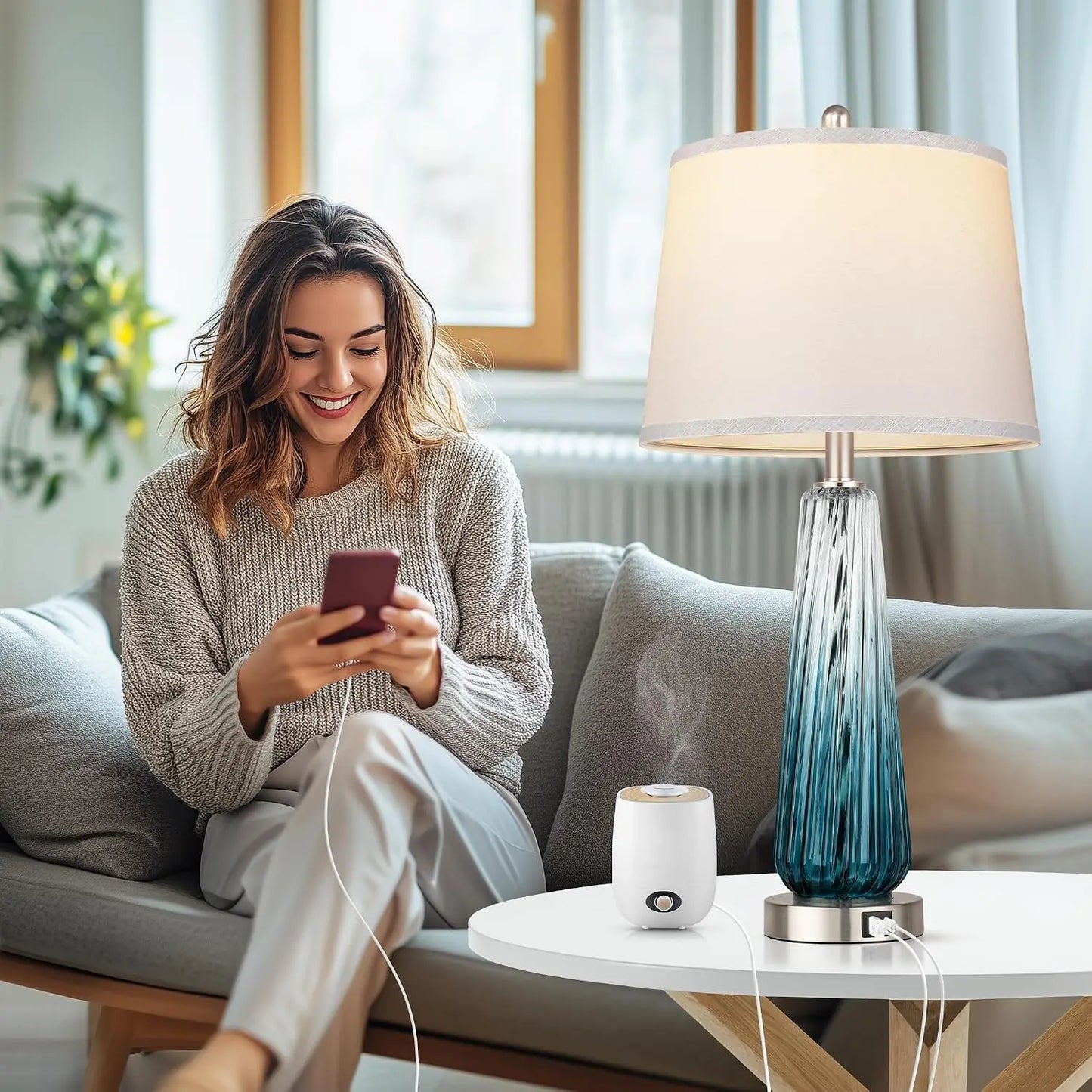 Set of 2 Touch Control Table Lamps with USB A+C, 3-Way Dimmable, 27.5" Modern Glass Nightstand Lamps
