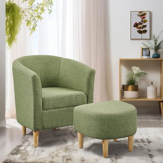Mid Century Accent Chair & Ottoman Small Barrel Armchair with Footrest for Living Room Bedroom Linen Fabric Wood Legs, Customize