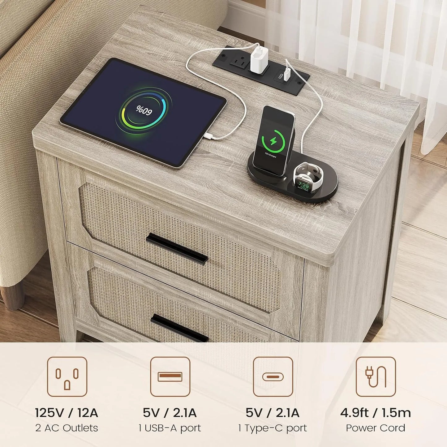 2 Pack 22in Rattan Nightstands Charging Station 2 Storage Drawers Metal Handle Bedroom Bedside Table, Customized