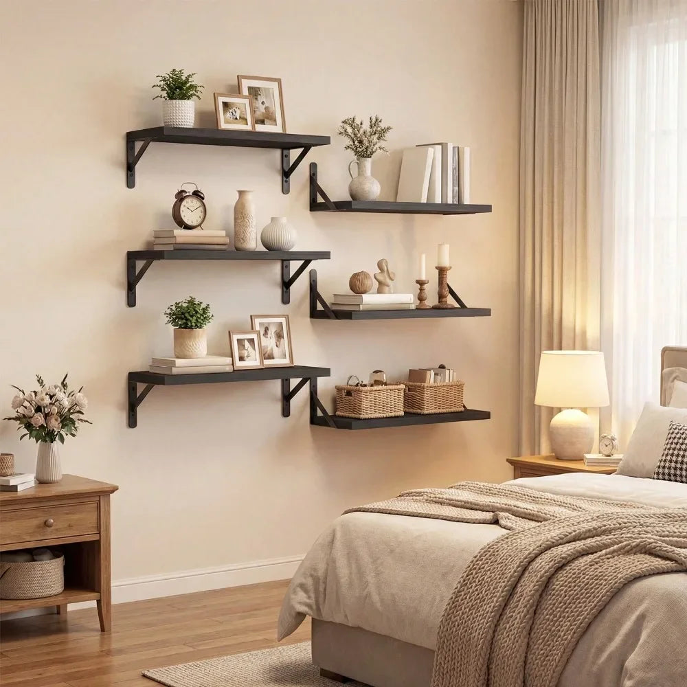 6pcs 16.5 Inch Wall Shelves Rustic Floating Shelf For Bedroom Bathroom Living Room Kitchen Storage Decor
