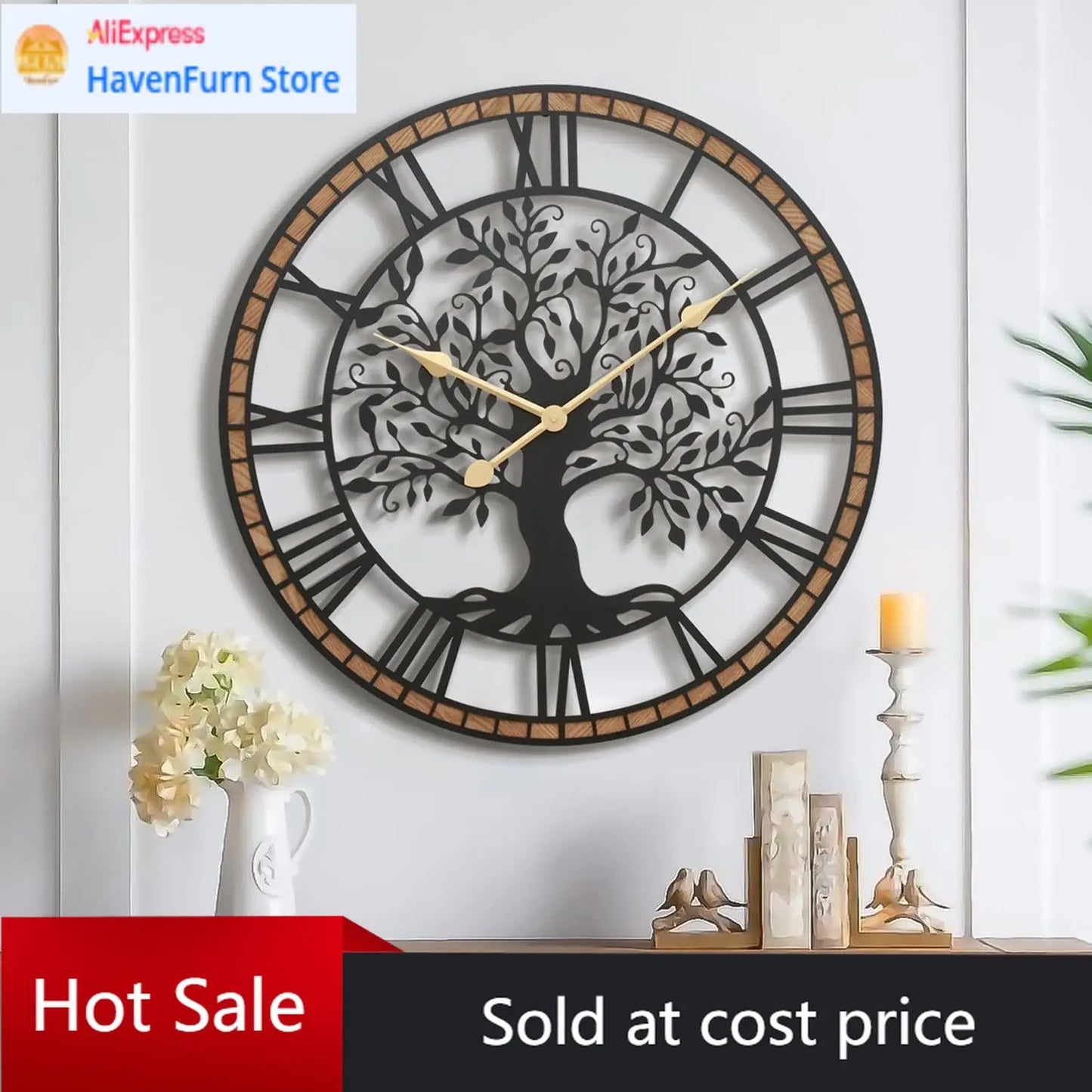 Activity priceRustic Large Wall Clock: 27Inch Farmhouse Tree of Life Metal with Wood Frame - Vintage Battery Operated Wall Clock