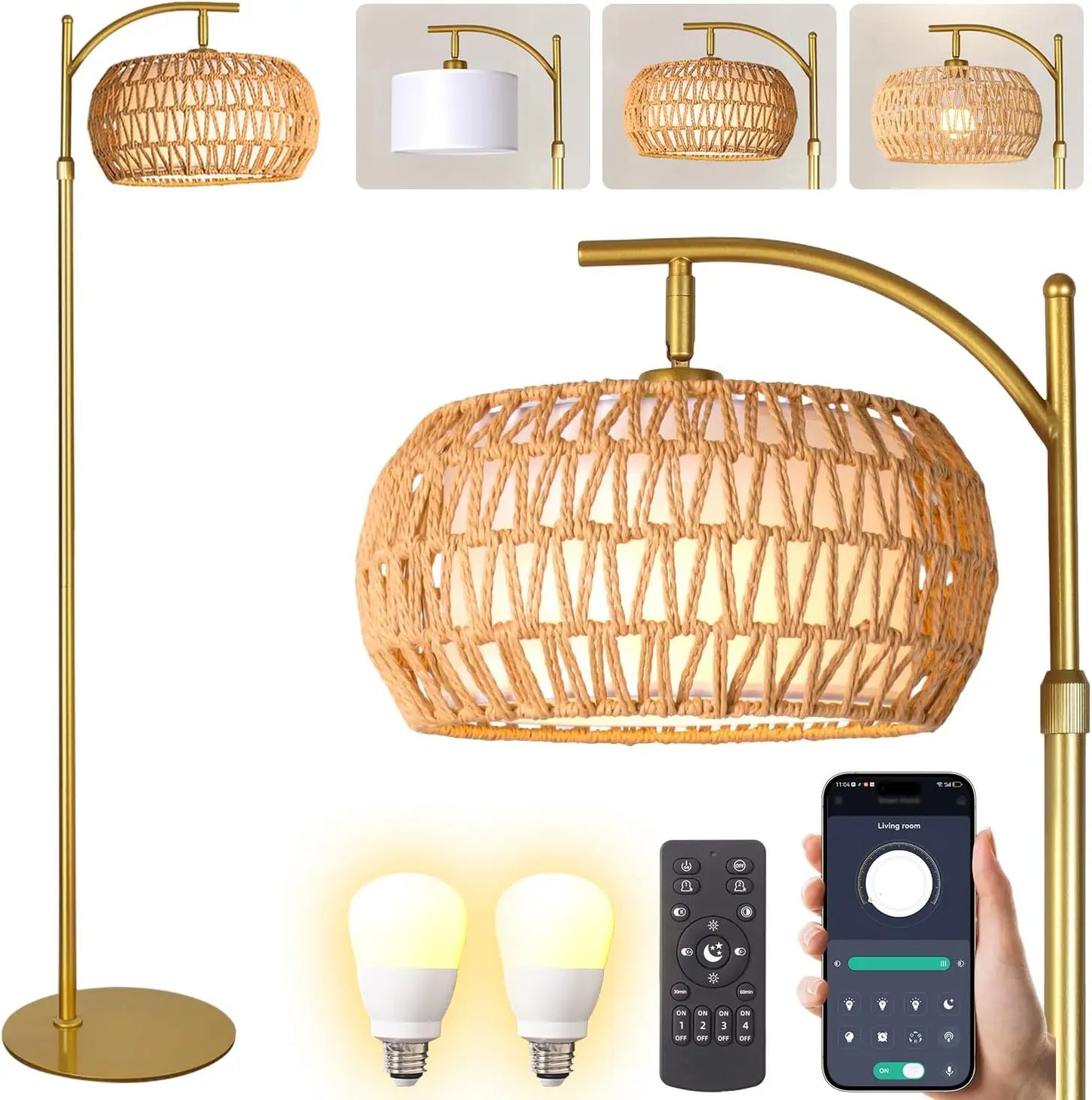 Dimmable Boho Rattan Floor Lamp, 2700K-6000K, 2-in-1 Shade, Adjustable 165-172cm