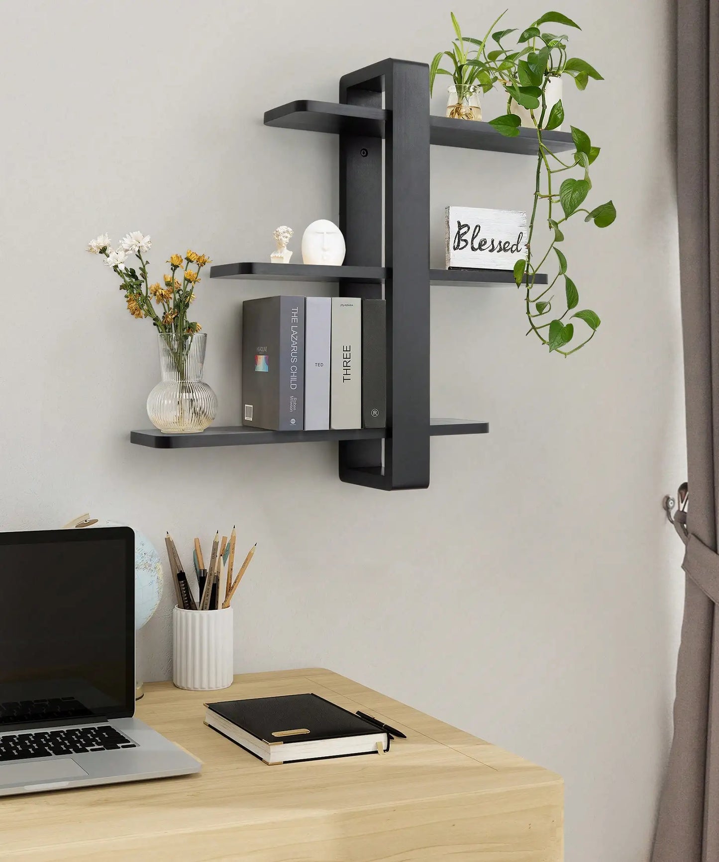 Mid-Century Modern Floating Shelves Set - 3-Tier Walnut Finish Large Wall Shelf, 20in Plant & Photo Display Storage For Living
