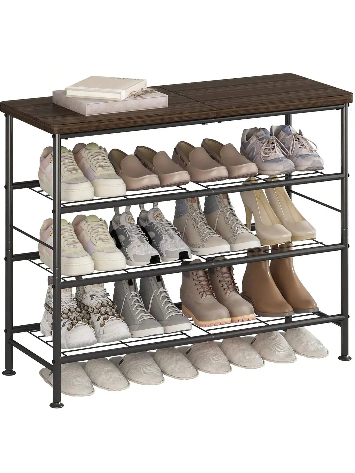 4-Tier Shoe Rack Organizer, Freestanding Metal Shoe Shelf with MDF Top Board for Closet, Entryway and Hallway