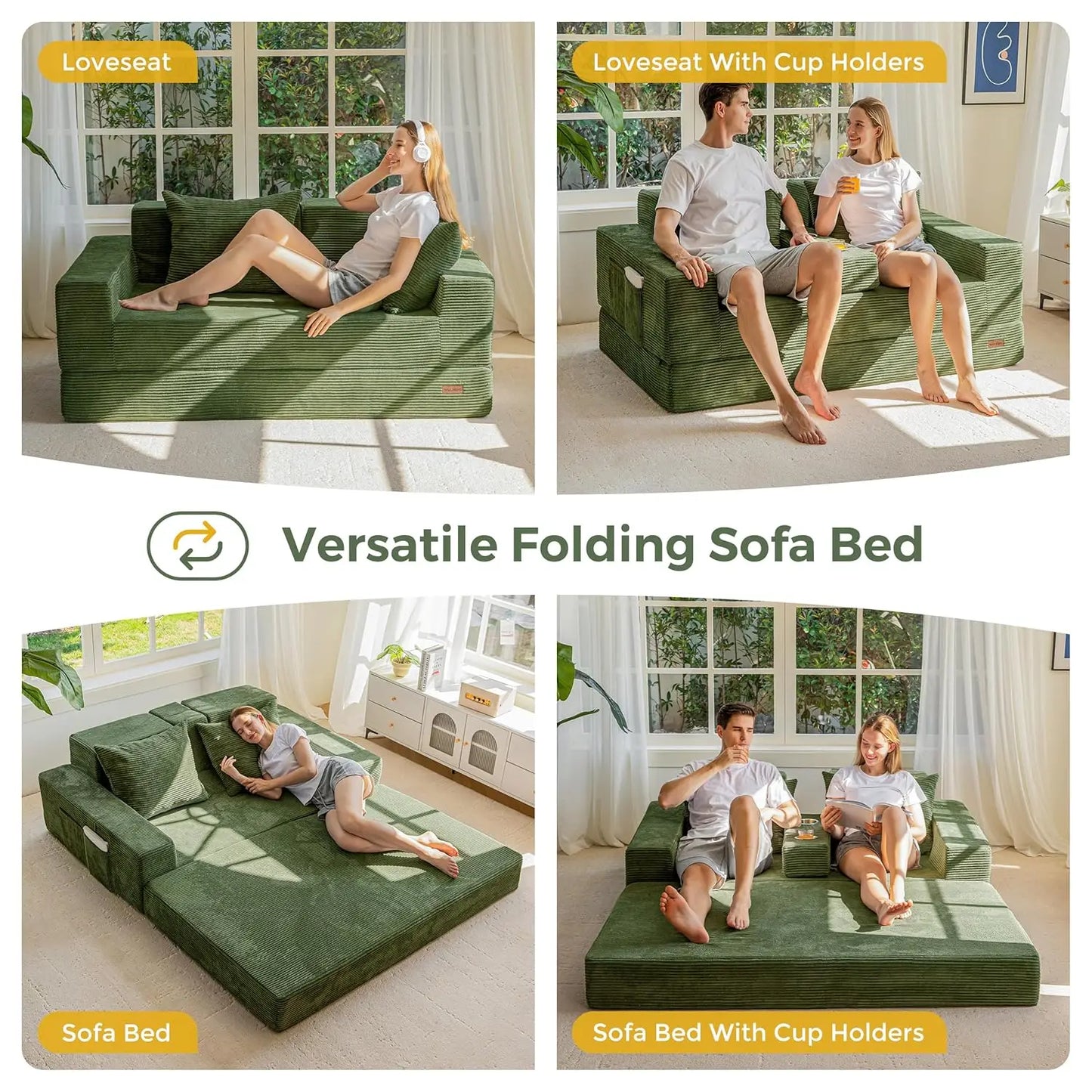 64in Foldable Loveseat Sofa Bed 4-in-1 Recliner Sleeper w 2 Cup Holders Floor Couch Living Room No Assembly Green Customized