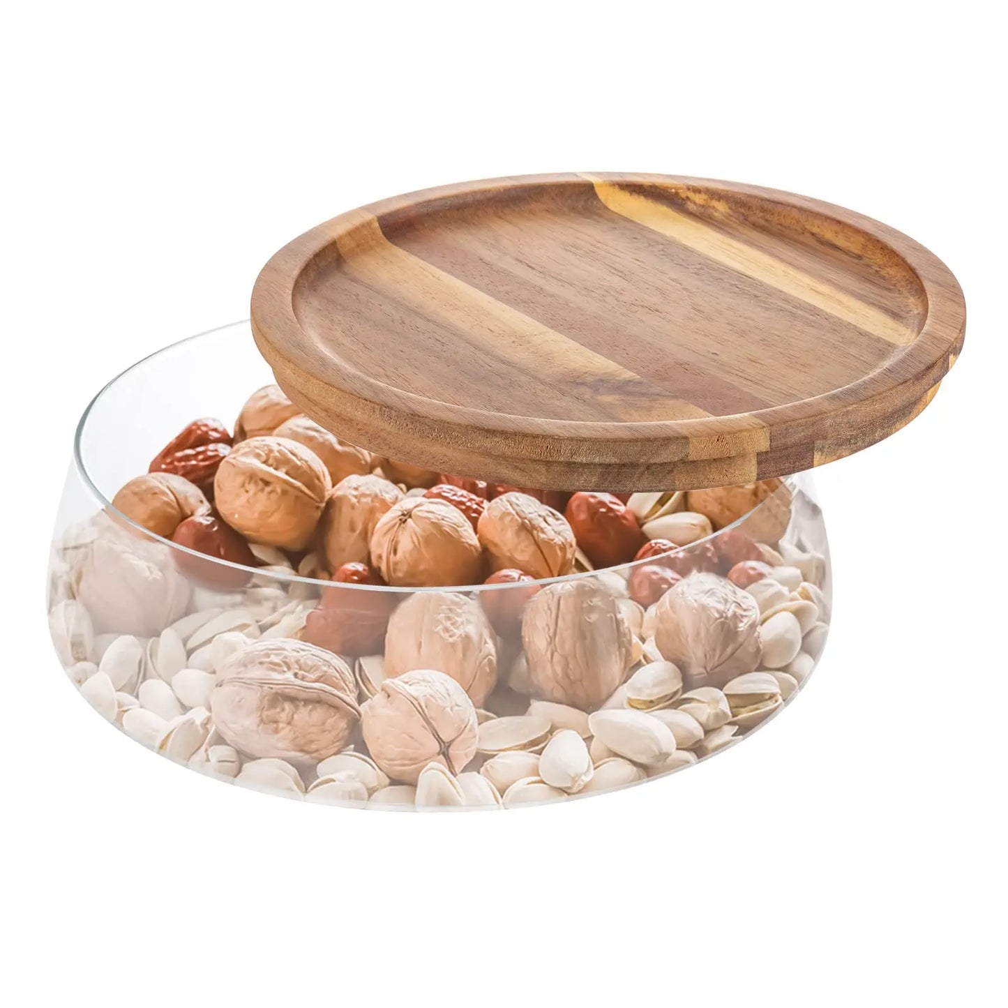 Glass Bowl, Candy and Nuts Serving Container with Wooden Lid, Round Food Storage Platter Round Multifunctional Snack Serving Tra