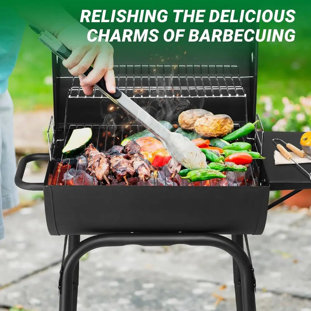 Barrel Charcoal Grill with Side Table, BBQ Grill Outdoor Smoker Grill with Wheels for Party Garden Patio and Backyard Cooking 33