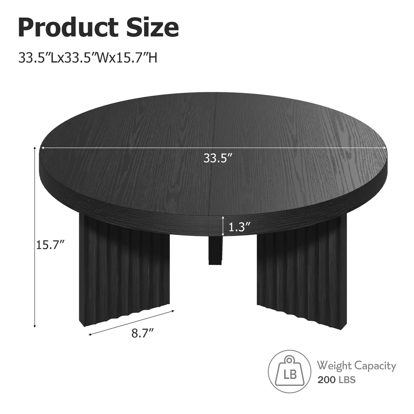 33.5 Inch Round Coffee Table For Living Room, Fluted Leg Circle Center Table With 1.3 Inch Thick Top, Retro Accent Sofa Table For Bedroom