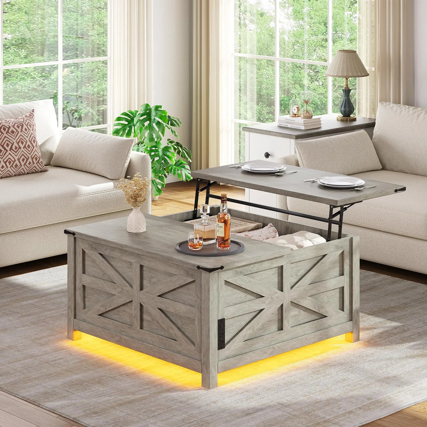 White Farmhouse Lift-Top Coffee Table With Storage Compartment, Built-In Outlet, And Adjustable Height Surface