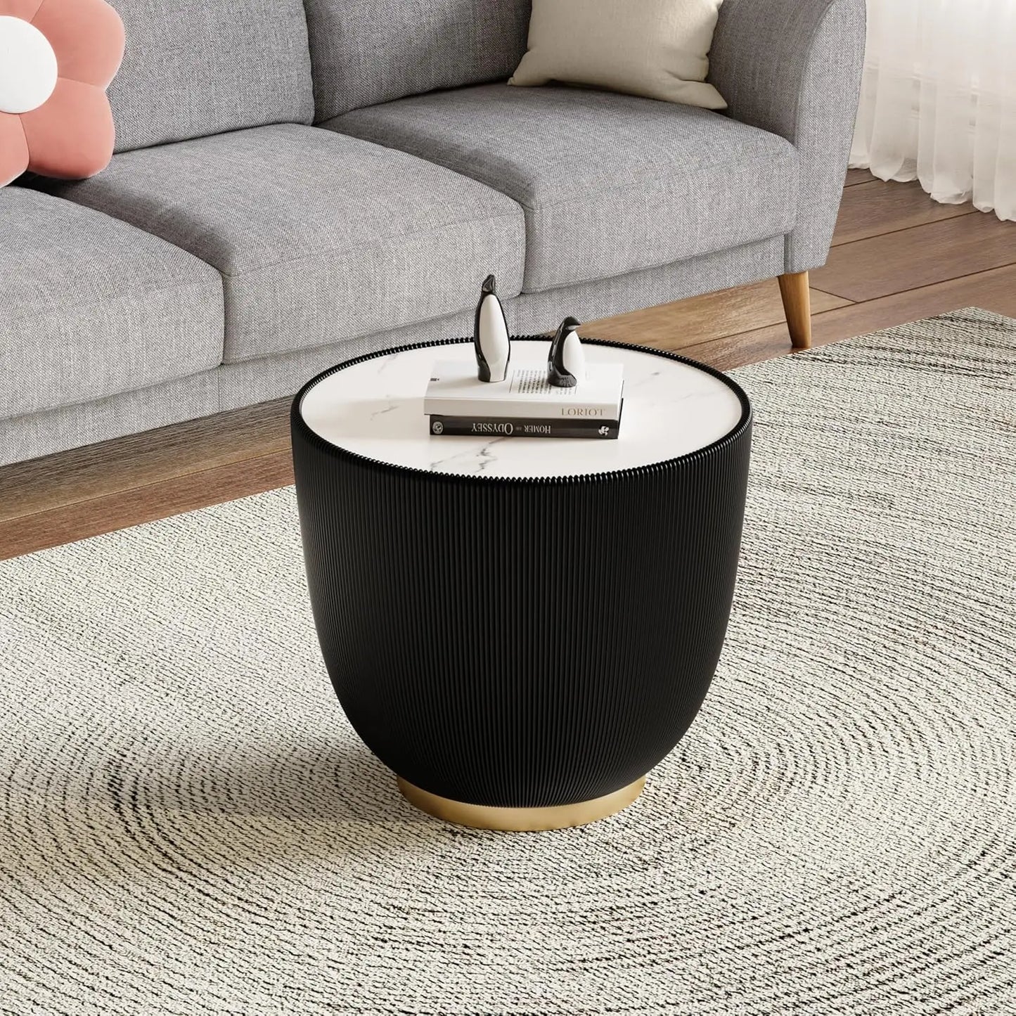Round Grey 2-Piece Coffee Table Set 29.5in & 17.7in Sintered Stone Top Fluted PU Leather Base Living Room, Customized