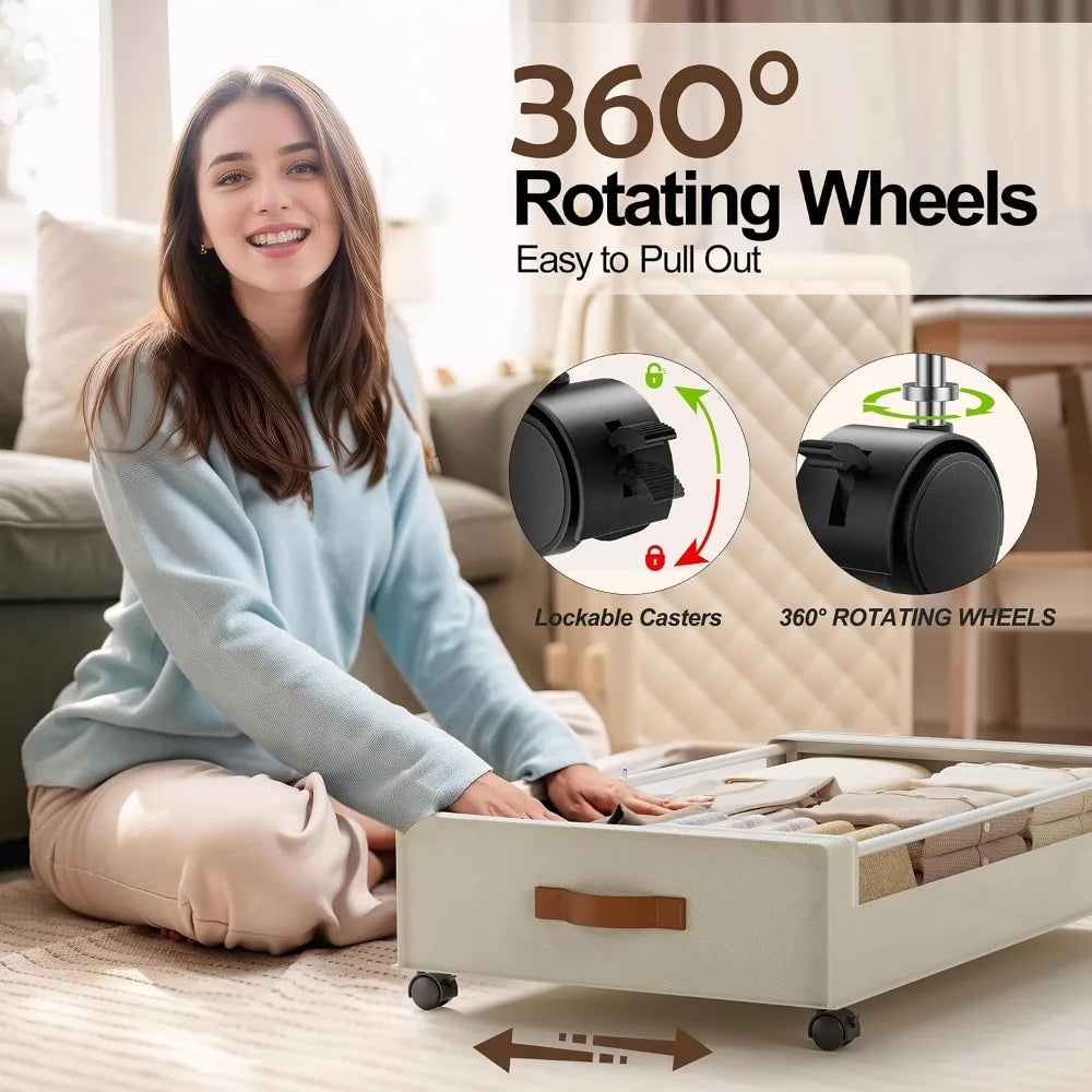 2 Pack Under Bed Storage with Wheels, 60L Clear Lid Bins, Rolling Metal Drawers for Clothes, Blankets, Shoes, Beige