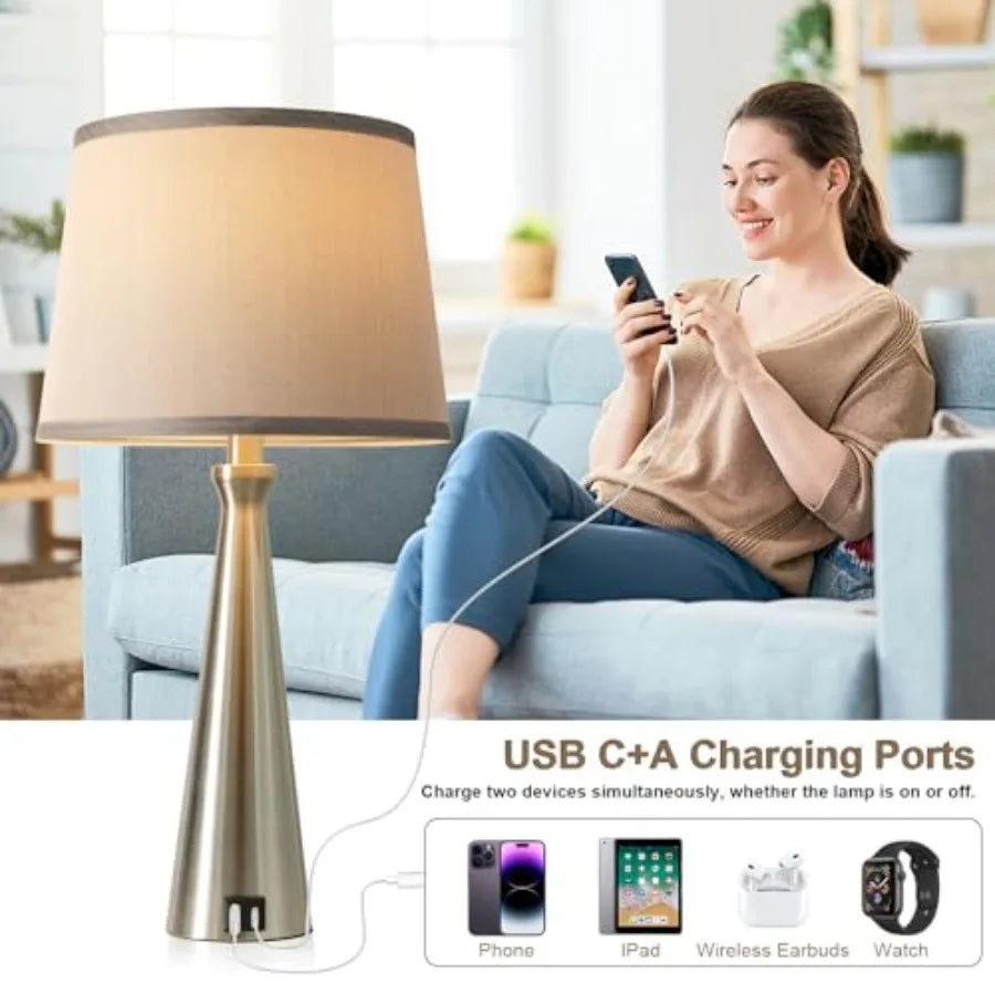 Modern Table Lamps Set of 2 - Touch Bedside Lamp for Nightstand with Dual USB C+A3-Way Dimmable Silver Nightstand Lamps for Liv