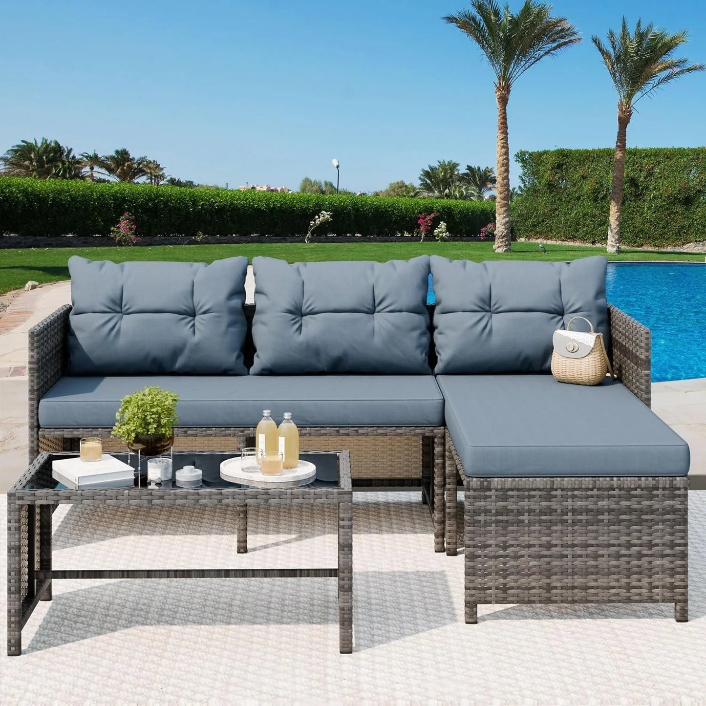 3 Piece All Weather Wicker Patio Conversation Set with Cushions and Glass Table Blue