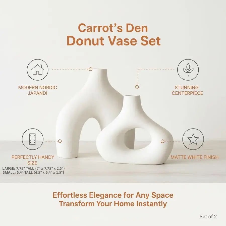 Donut Vase, Set of 2 White Large Ceramic Vase Minimalist Nordic, Hollow Table Centerpiece, Olive Plant, Wedding, Living Room