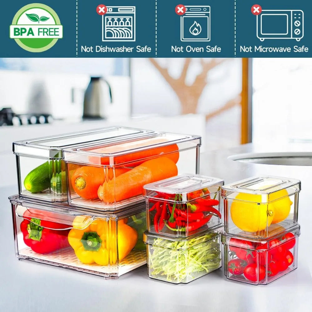14 Pack Fridge Organizers with Lids, BPA-Free Clear Storage Bins for Vegetables, Fruits, Drinks, Cereals - 3 Sizes Stackable