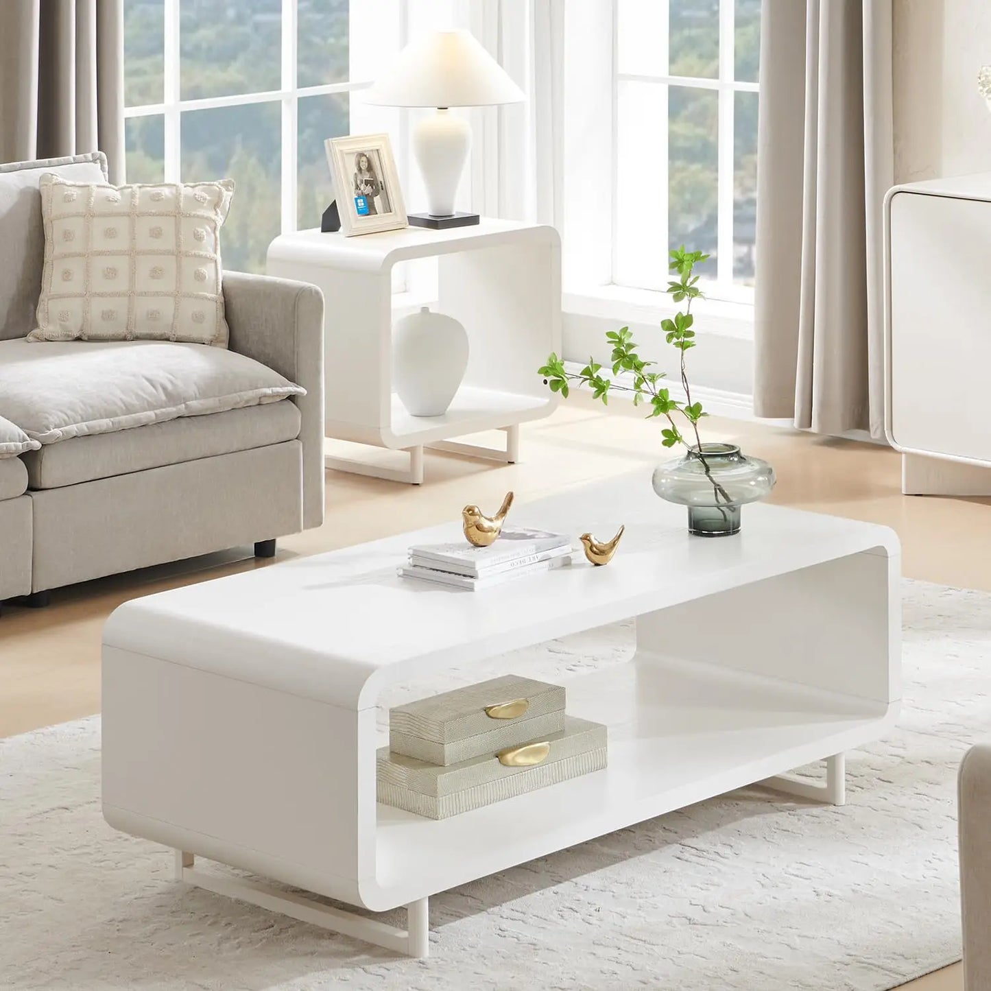 48" Modern Coffee Table, 2-Tier Minimalist Center Table with Storage Shelf, Curved Profile Design, Wooden, Customized