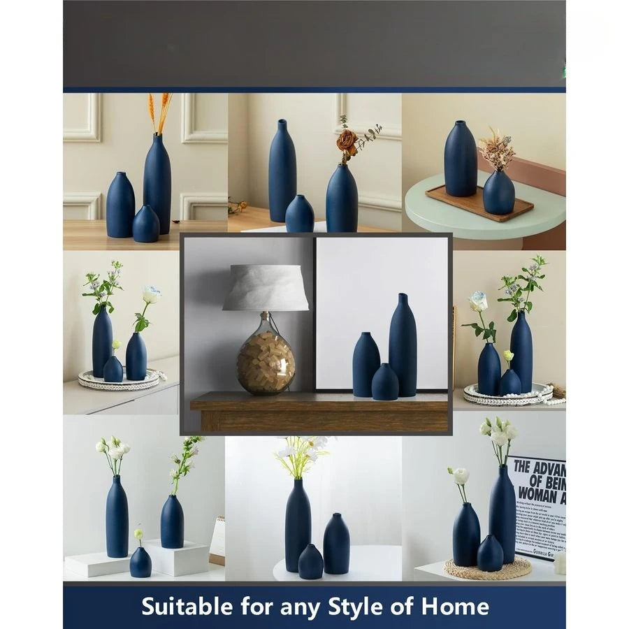 Blue Vase Set Navy Blue Decor Coastal Decor Vases for Kitchen Island Living Room Office Table Fireplace Mantle Decorations amp B