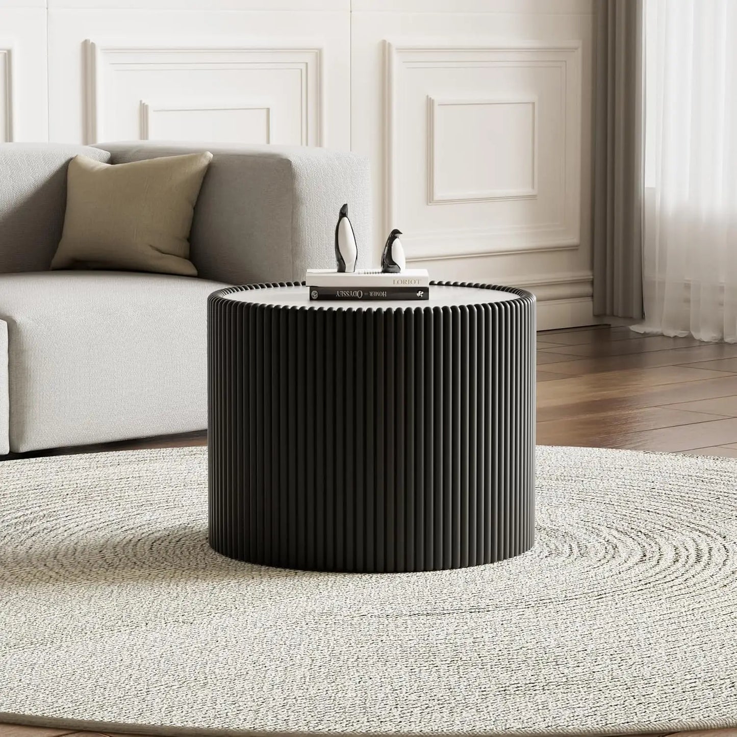 Round Grey 2-Piece Coffee Table Set 29.5in & 17.7in Sintered Stone Top Fluted PU Leather Base Living Room, Customized
