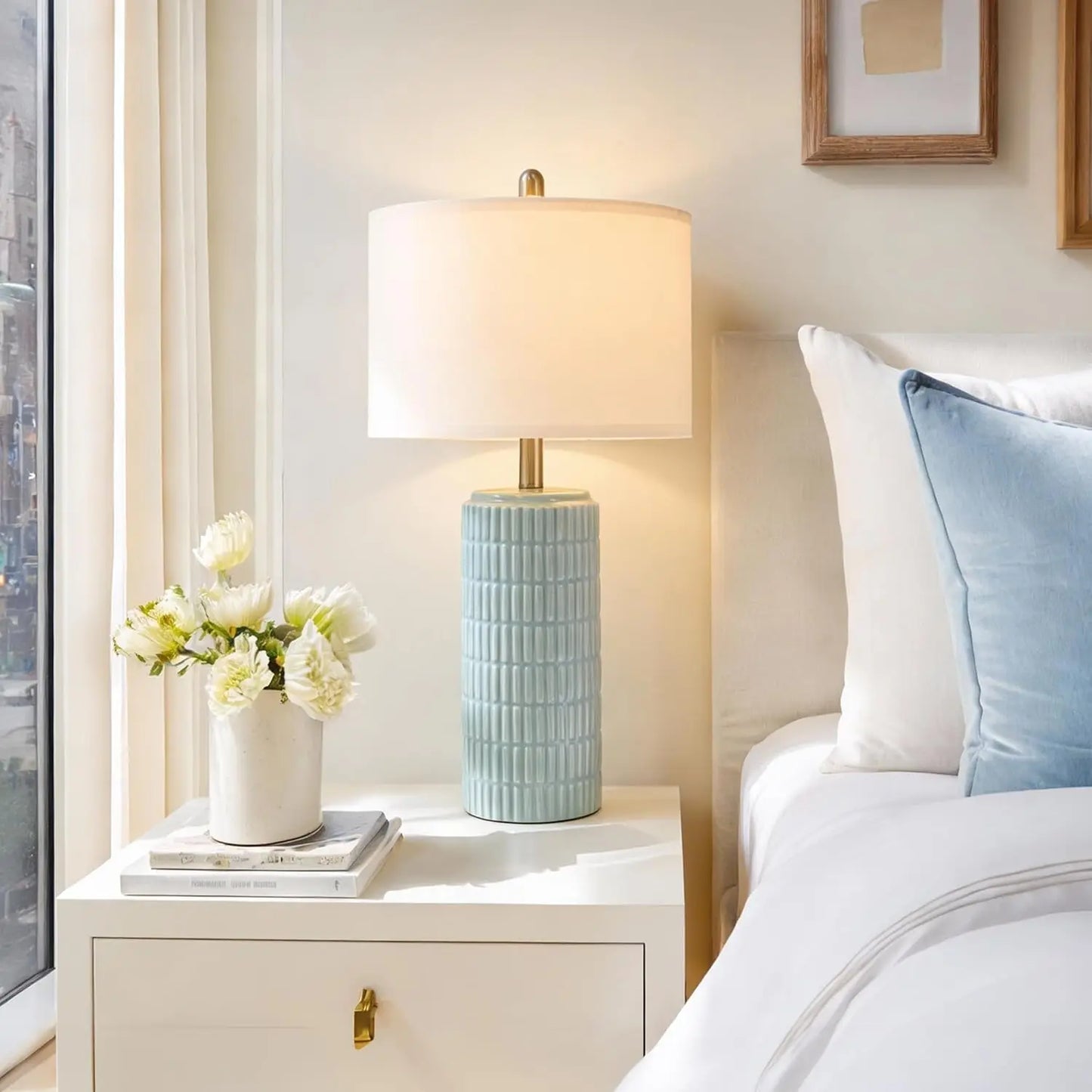 PoKat 23" Light Blue Table Lamps Set of 2, Modern Bedside Lamps for Bedroom, Coastal Ceramic End Table Lamps for Living Room, Oc