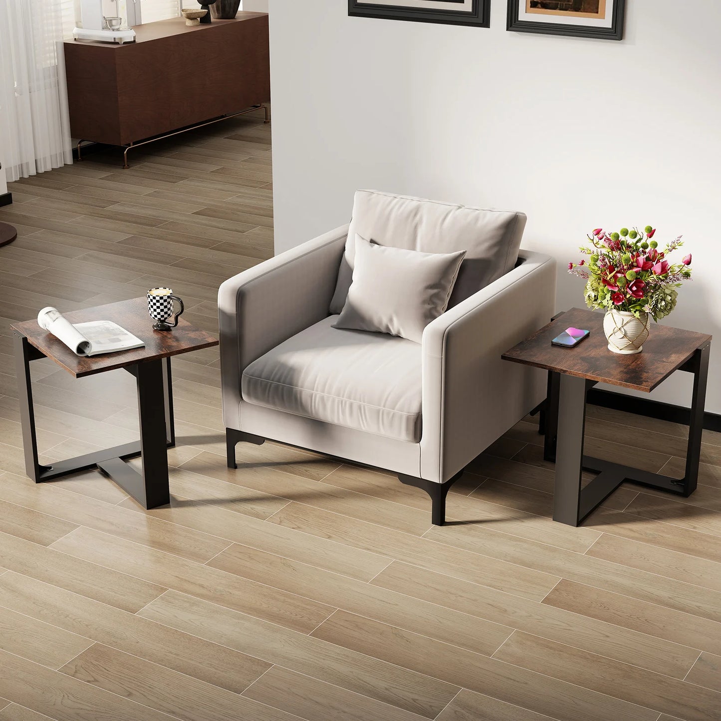 End Table, Industrial Sofa Side Table with Metal Frame for Small Space, Bedroom
