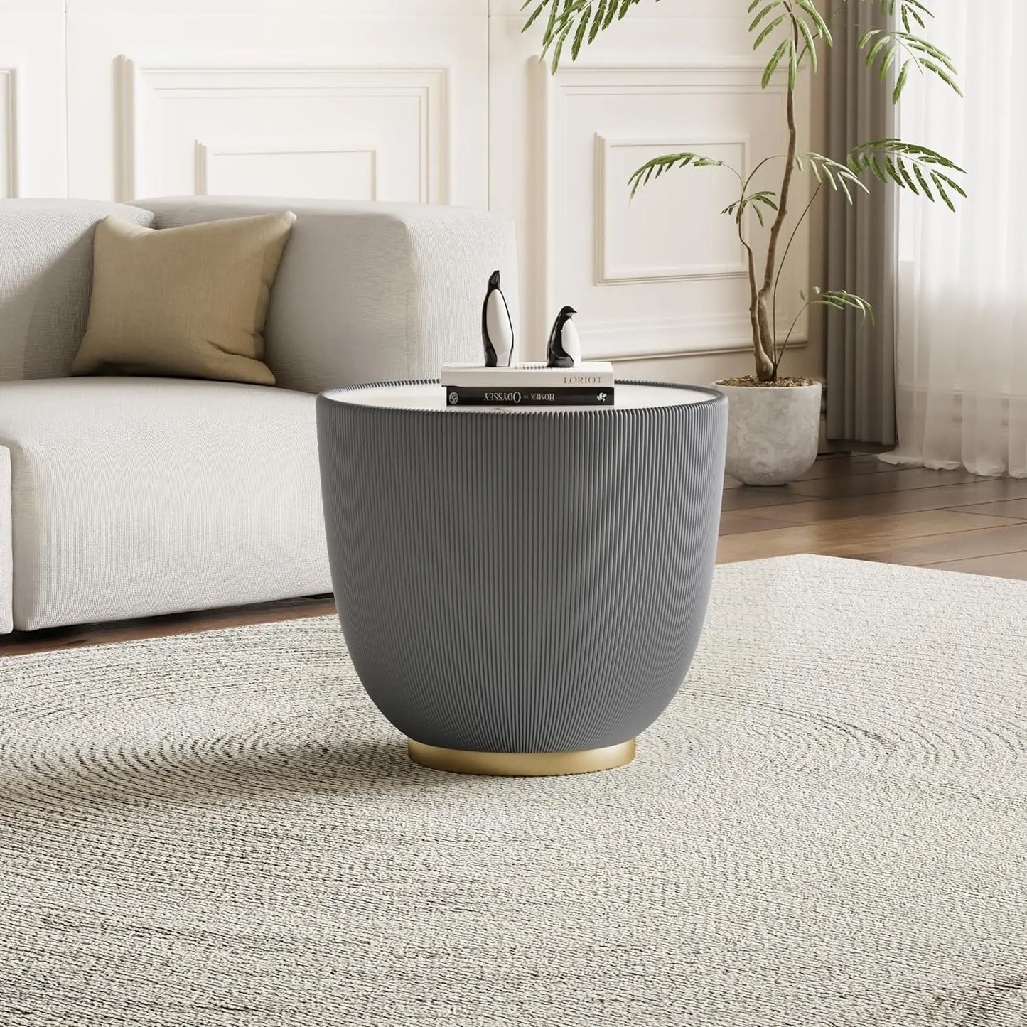 Round Grey 2-Piece Coffee Table Set 29.5in & 17.7in Sintered Stone Top Fluted PU Leather Base Living Room, Customized