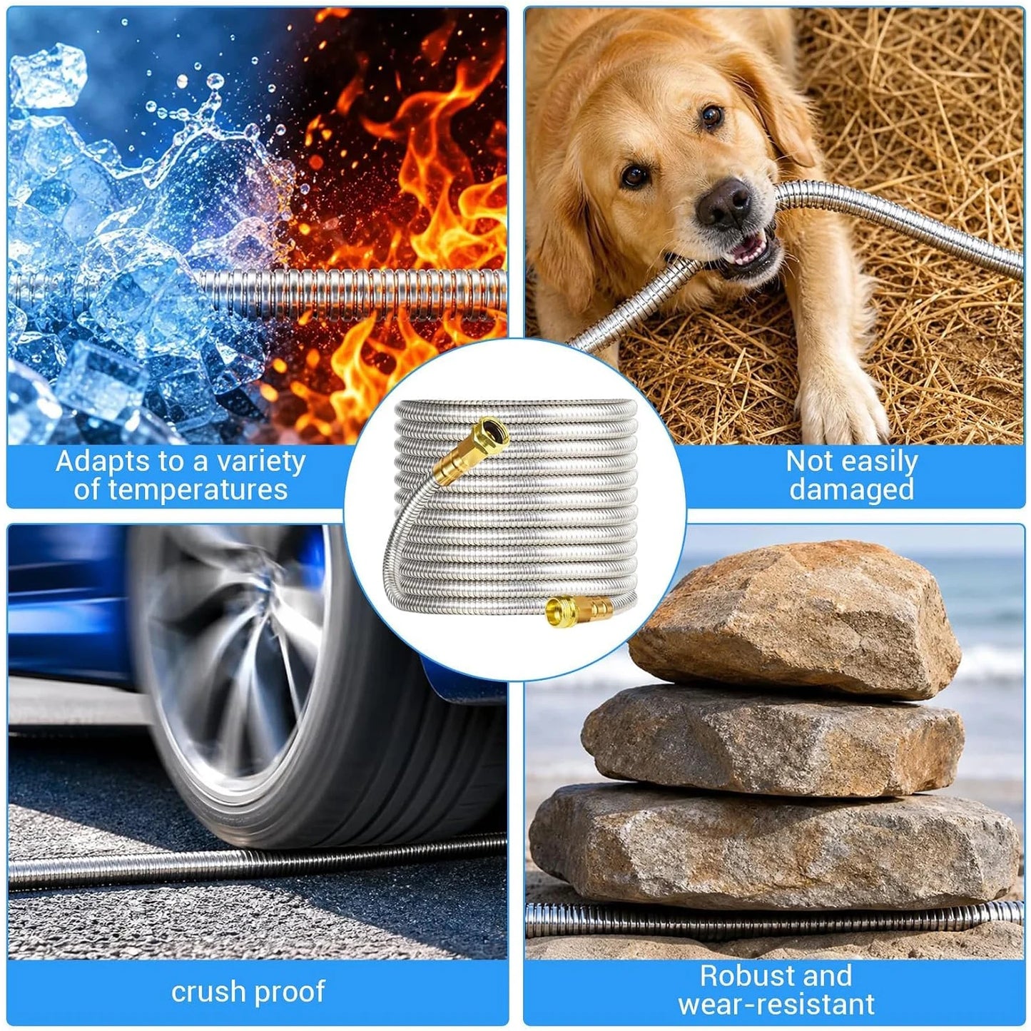 Heavy Duty Stainless Steel Garden Hose With Brass Nozzle, Kink Proof Flexible Metal Water Hose, 25/50/75/100FT