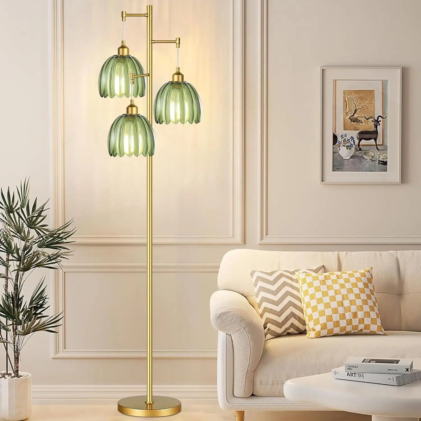 Mid Century Modern Gold Floor Lamp, 3-Light Brass Tree Tall Lamp with Green Glass Shades for Living Room, Bedroom, Farmhouse Boho Decor