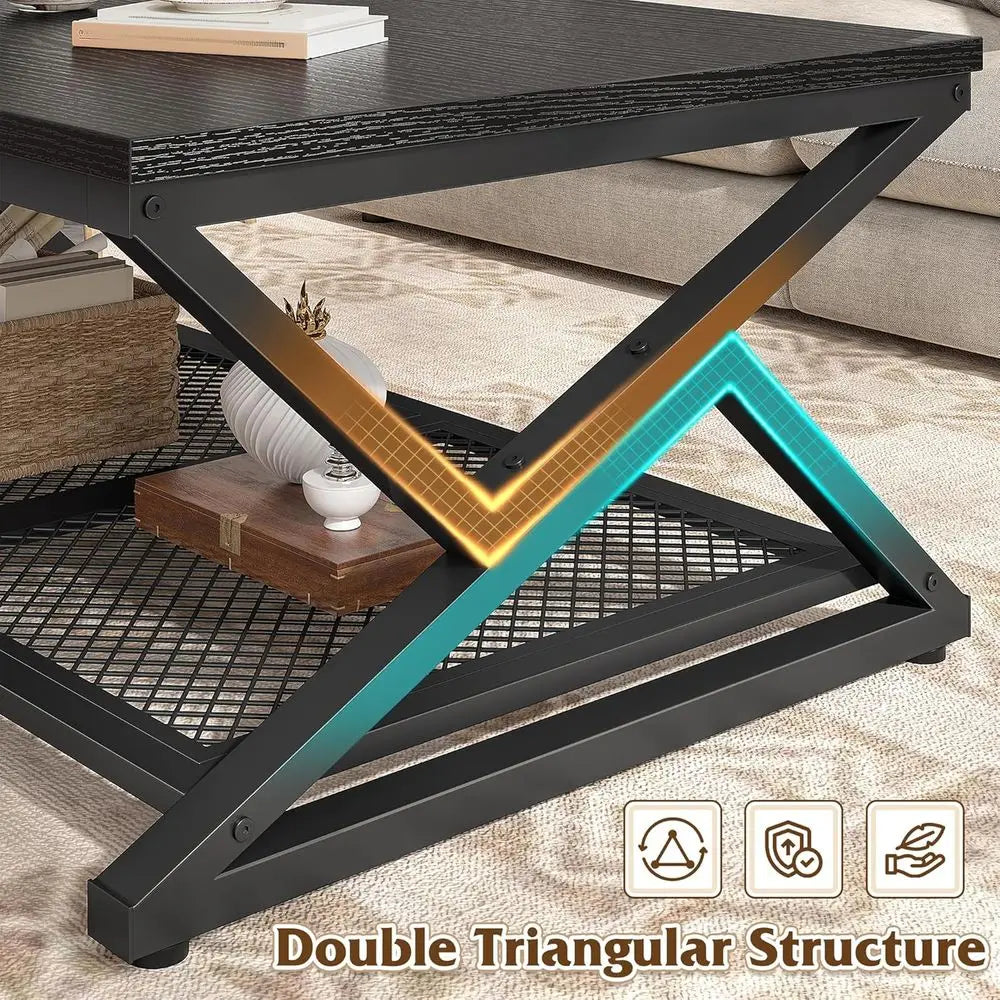 Black Oak 39.4 2-Tier Coffee Table with Storage for Living Room and Bedroom