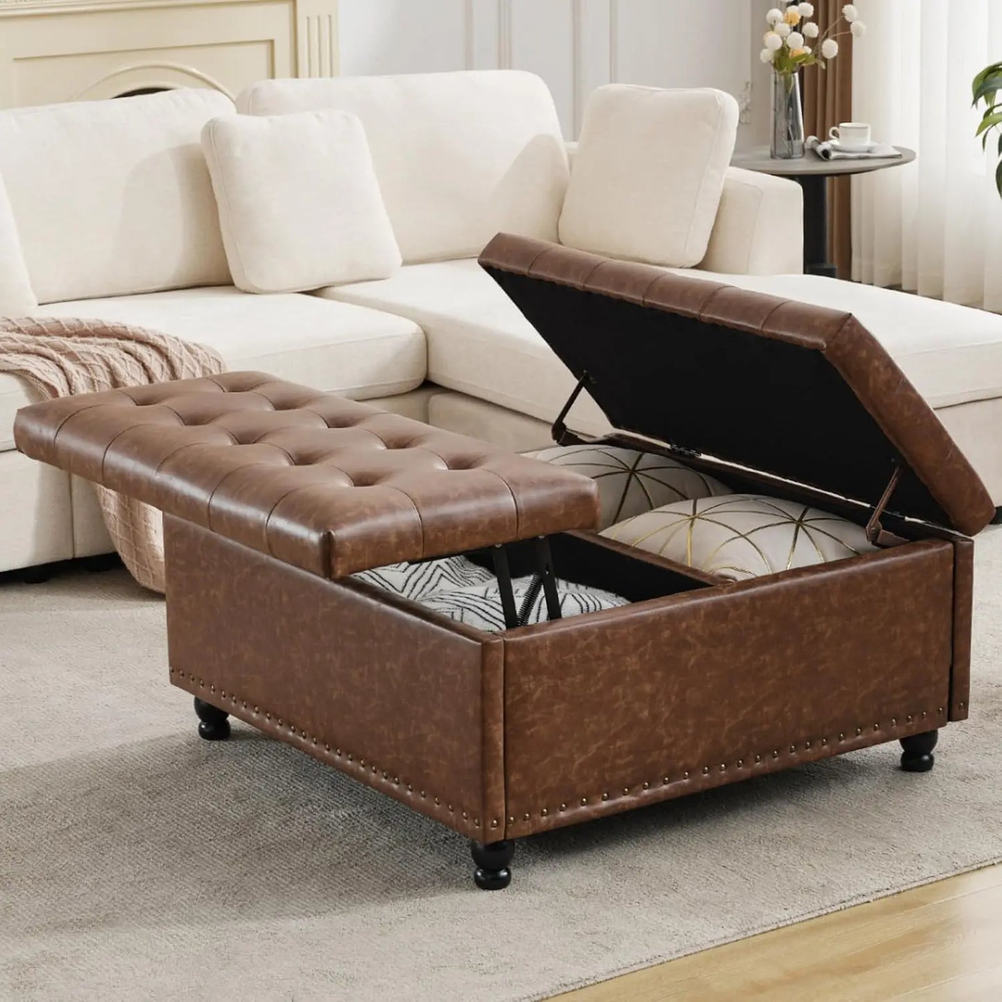 Large Square Storage Ottoman Tufted Upholstered Coffee Table Lift Top Wooden Legs Oversized Toy Box Living Room, Customized