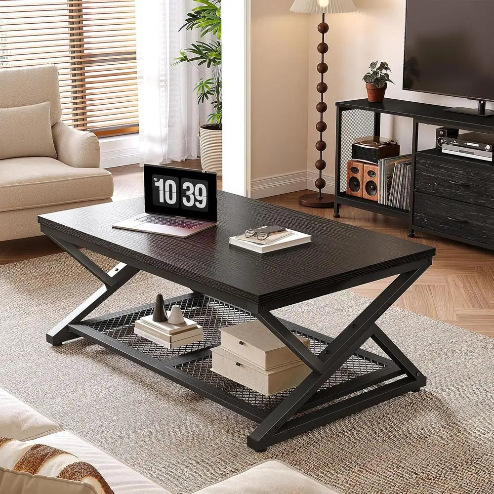 Black Oak 39.4 2-Tier Coffee Table with Storage for Living Room and Bedroom