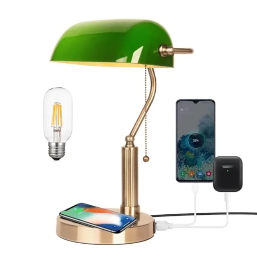 Glass Bankers Desk Lamp with Wireless Charger, 2 USB Charging Port, Vintage Desk Lamp with Pull Chain Switch, Retro Table Lamps