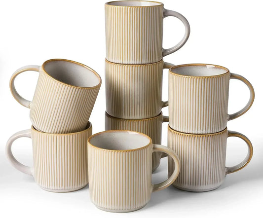 Coffee Mug Set for 8, Star 12 oz Catering Mugs Cup Set with Handle for Coffee, Tea, Cocoa, Milk - Ceramic Stoneware Drinkware Se