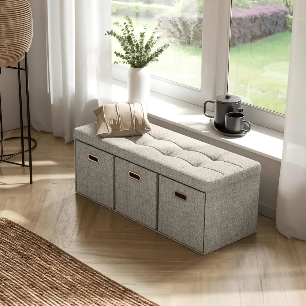 40 Inch Foldable Storage Ottoman Bench with 3 Drawers, Tufted Linen Fabric, Large Foot Rest Stool for Living Room Bedroom