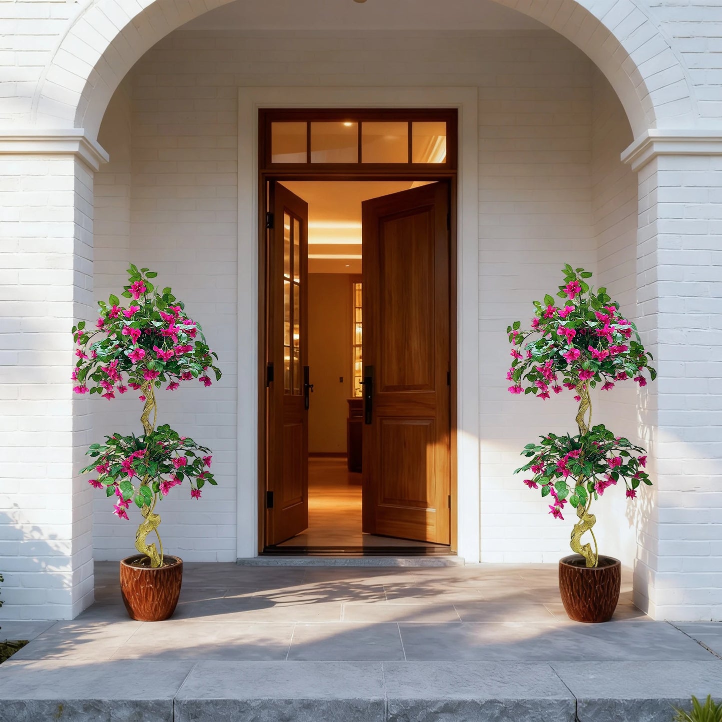 120cm Artificial Bougainvillea Tree, Red in White Pot, Realistic Artificial Flowers for Indoor and Outdoor Use, Large Artificial