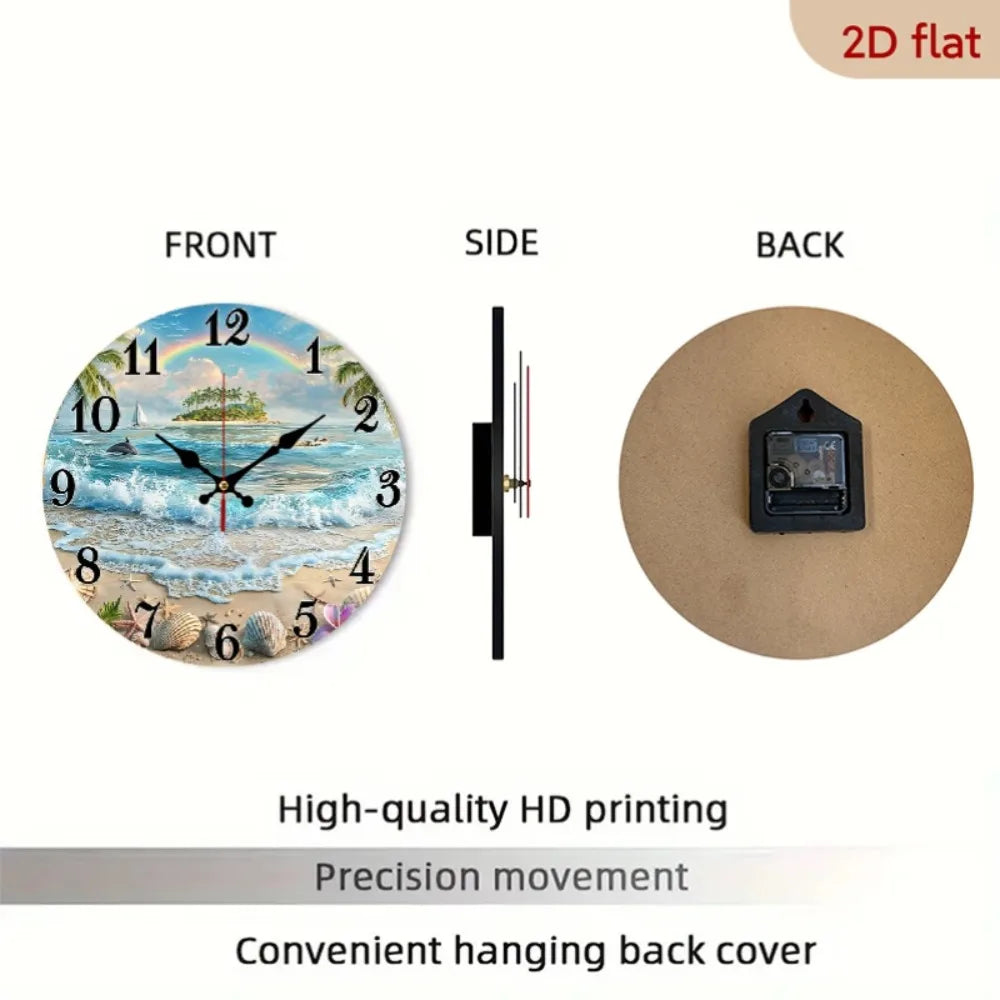 2D Flat 1pc Tropical Beach Ocean Wall Clock with Rainbow, Dolphins, and Seashells Decorative Timepiece Round Wooden Wall Clock 1