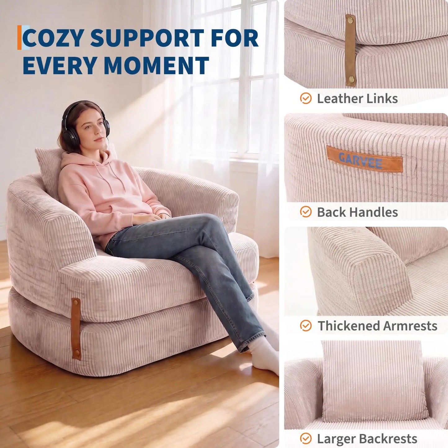 Folding Sofa Bed with Backrest & Handle, 3-in-1 Convertible Bean Bag Chair to Floor Sofa Lounger, Boneless Fold Out Couch Bed with Handle Comfy Fold Out Couch for Bedroom and Living Room