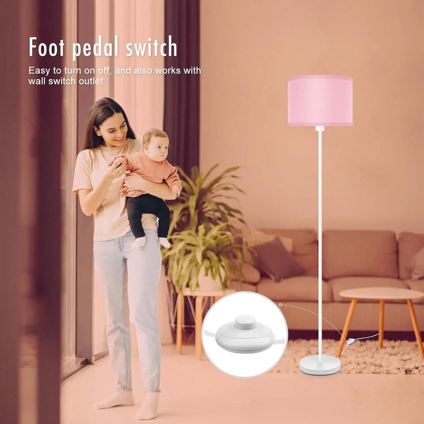 59" Pink Floor Lamp with Foot Switch,  Standing Light for Bedroom, Living Room, Kids Room
