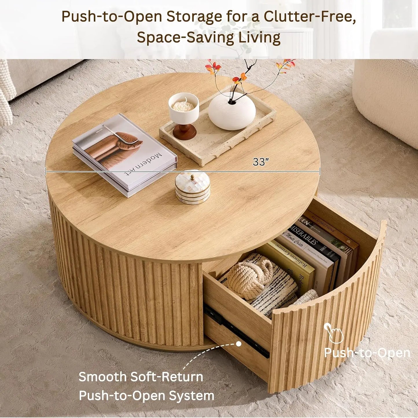 33" Round Coffee Table with Storage, Fluted Drum Coffee Table, Hidden Push-to-Open Drawer, Natural Oak, Custom