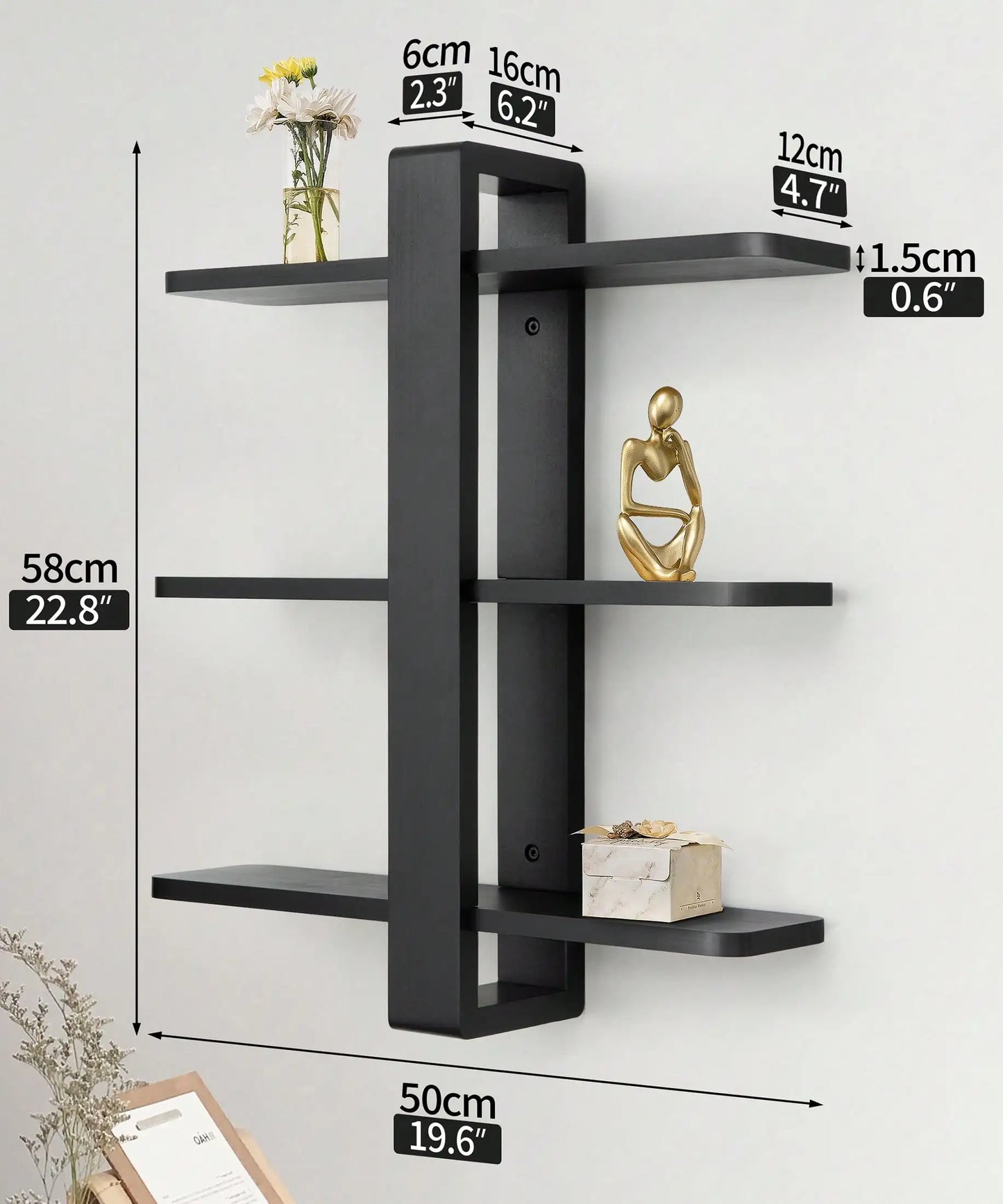 Mid-Century Modern Floating Shelves Set - 3-Tier Walnut Finish Large Wall Shelf, 20in Plant & Photo Display Storage For Living