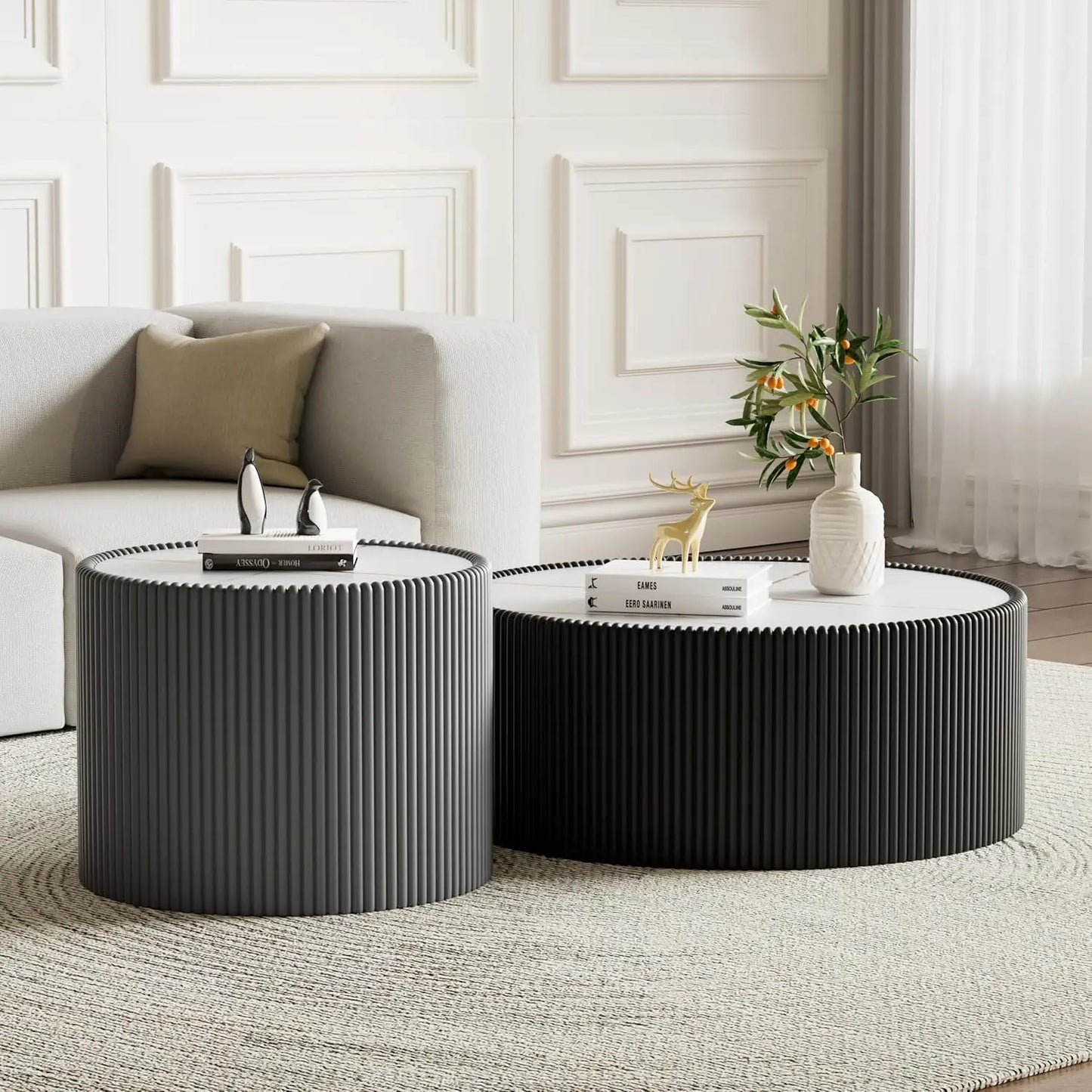 Round Grey 2-Piece Coffee Table Set 29.5in & 17.7in Sintered Stone Top Fluted PU Leather Base Living Room, Customized